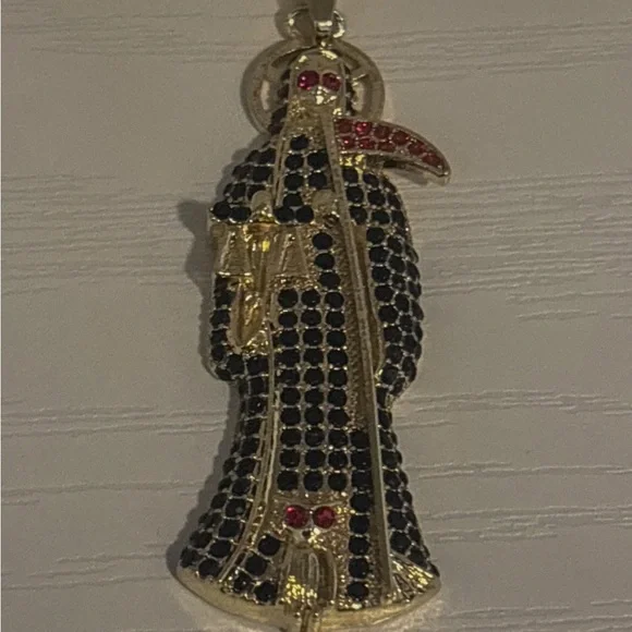 Gold Plated Grim Reaper Santa Muerte Large Pendant Black Red Crystal Gothic - Picture 7 of 10